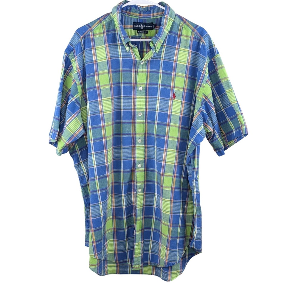 Ralph Lauren Button Down Shirt Mens XXL Blue Green Plaid Classic Fit Preppy‎